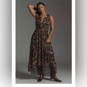 4SI3NNA Anthropologie V-Neck Sleeveless Floral Mesh Midi High-Low Dress Boho 3X